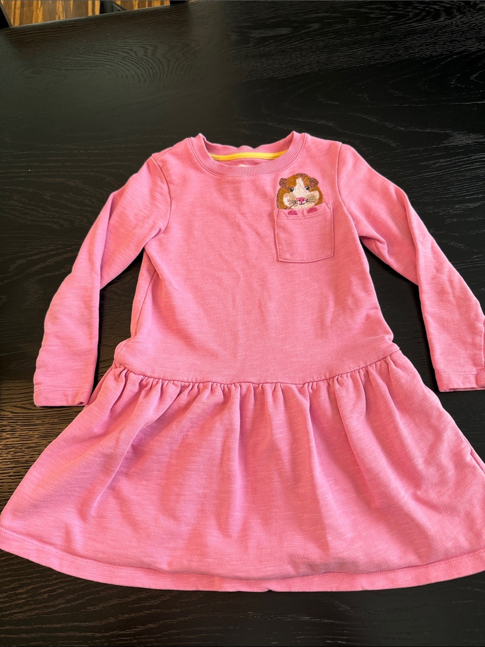 Mini Boden Girls Pink Long-Sleeve Pocket Dress with Embroidered Animal